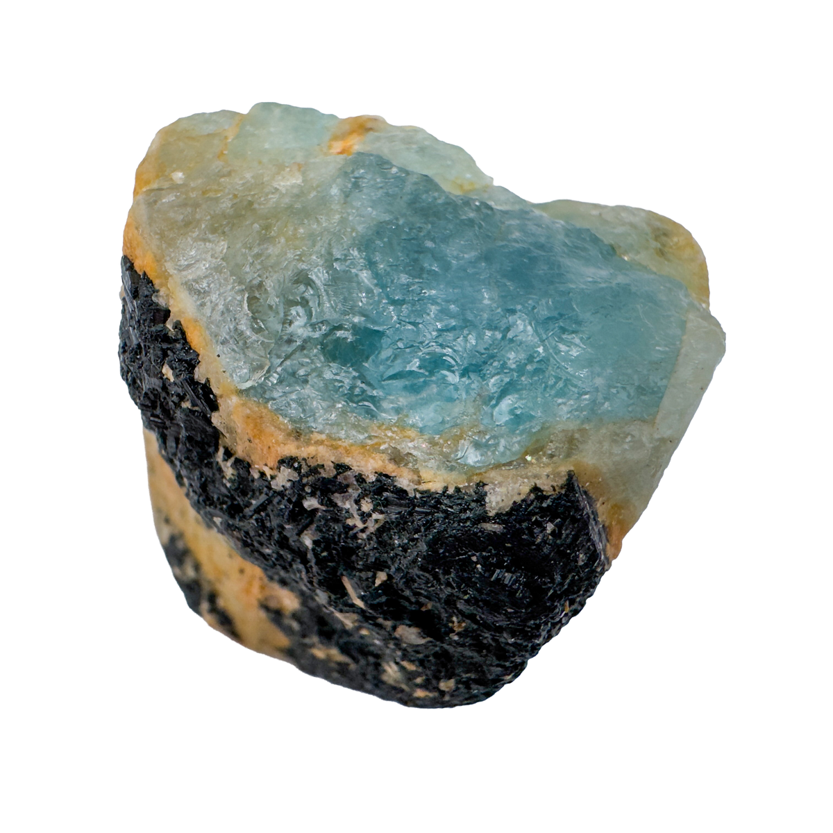 Detail view of A Grade Aquamarine raw crystal with Black Tourmaline from Namibia