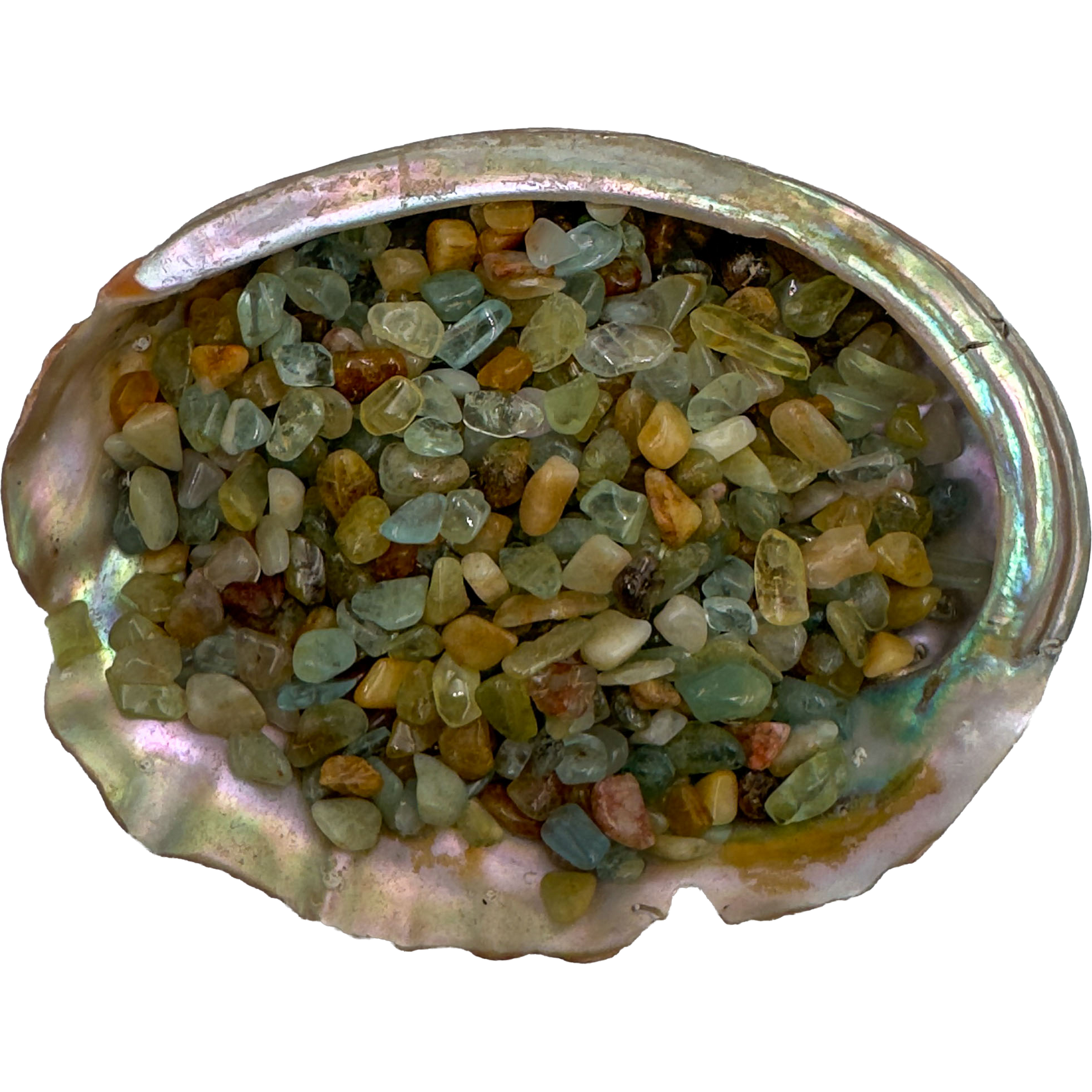 Texture-level view of Aquamarine polished chip, often kept for Courage, showing glassy finish.