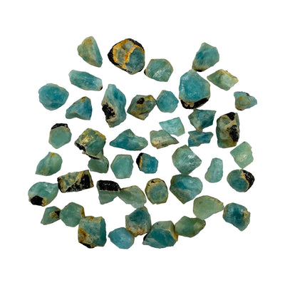 Aquamarine raw crystals with black tourmaline, A grade, Namibia origin, hero view.