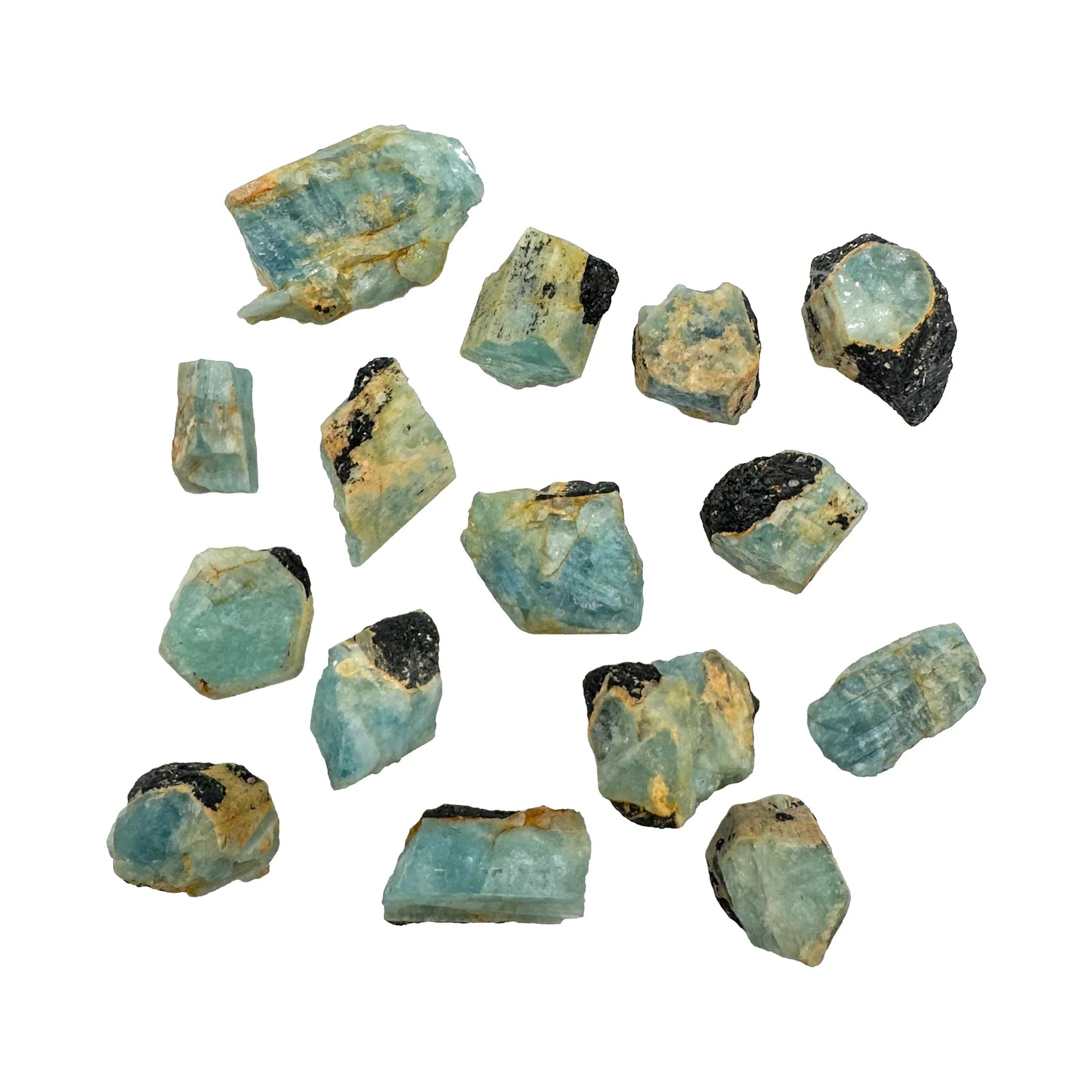 Aquamarine With Black Tourmaline Crystals for Anxiety Relief, Calm & Cleansing — black rough natural, A grade Namibia-sourced
