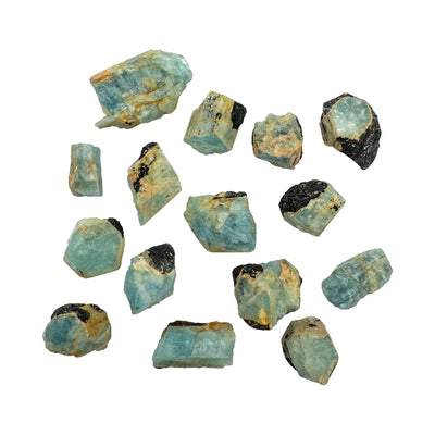 Aquamarine raw crystals with black tourmaline, A grade, Namibia origin, hero view.