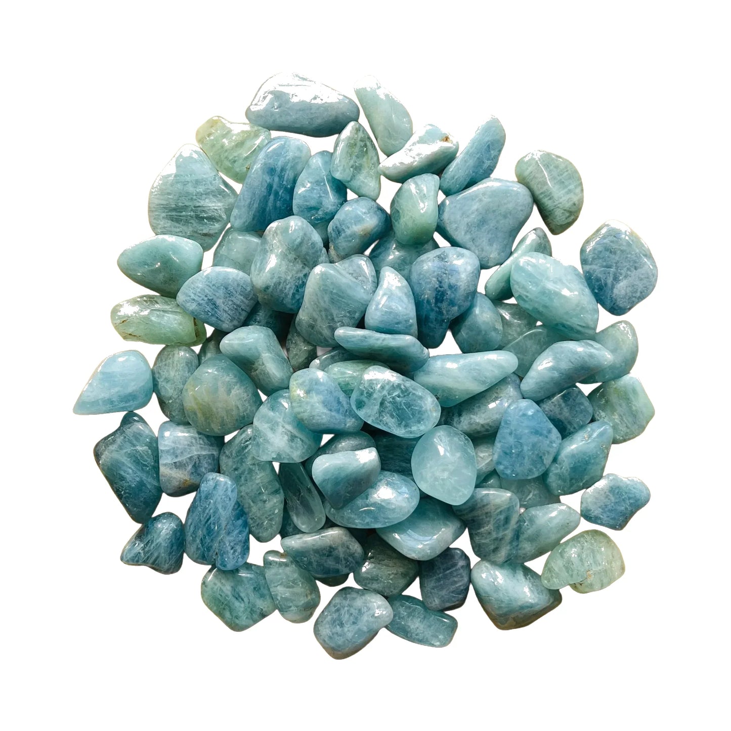 Aquamarine Crystals traditionally associated with Communication, Confidence & Emotional Healing — blue polished, AAA from Brazil