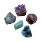 Aquarius Crystal Kit: amethyst cluster, garnet, angelite, amazonite and hematite, shown together on white