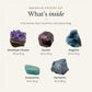 What's inside the Aquarius Crystal Kit: amethyst cluster 20 to 50 g, garnet 20 to 50 g, angelite 20 to 50 g, amazonite 10 to 30 g, hematite 40 to 80 g, drawn in true proportion to each other