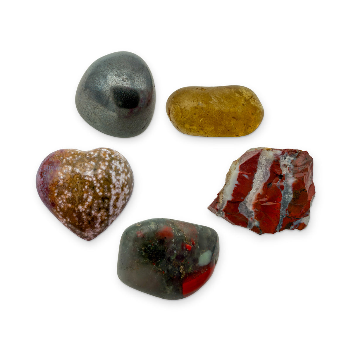 Aries Crystal Kit: natural citrine, red jasper, bloodstone, ocean jasper heart and hematite, shown together on white