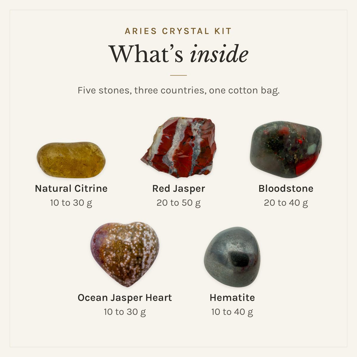 What's inside the Aries Crystal Kit: natural citrine 10 to 30 g, red jasper 20 to 50 g, bloodstone 20 to 40 g, ocean jasper heart 10 to 30 g, hematite 10 to 40 g, drawn in true proportion to each other