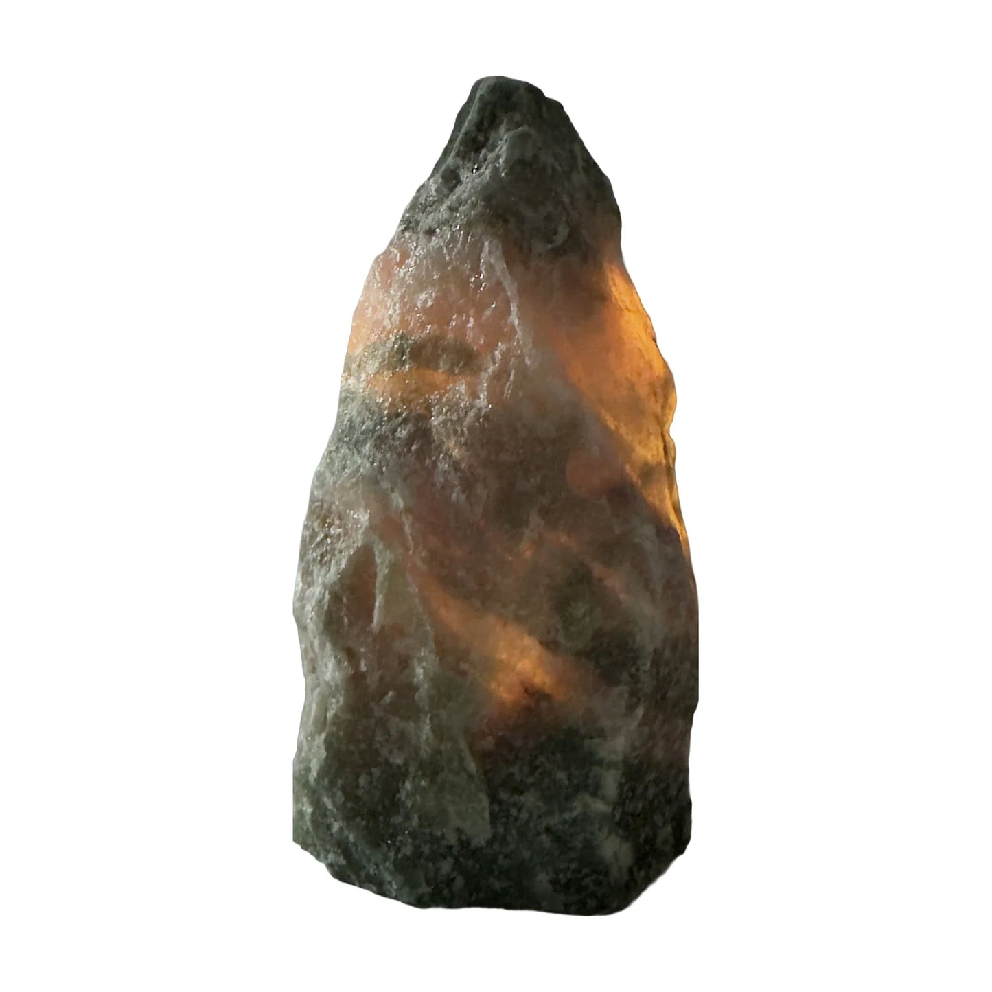 Green aventurine crystal lamp glowing, warm light passing through the stone