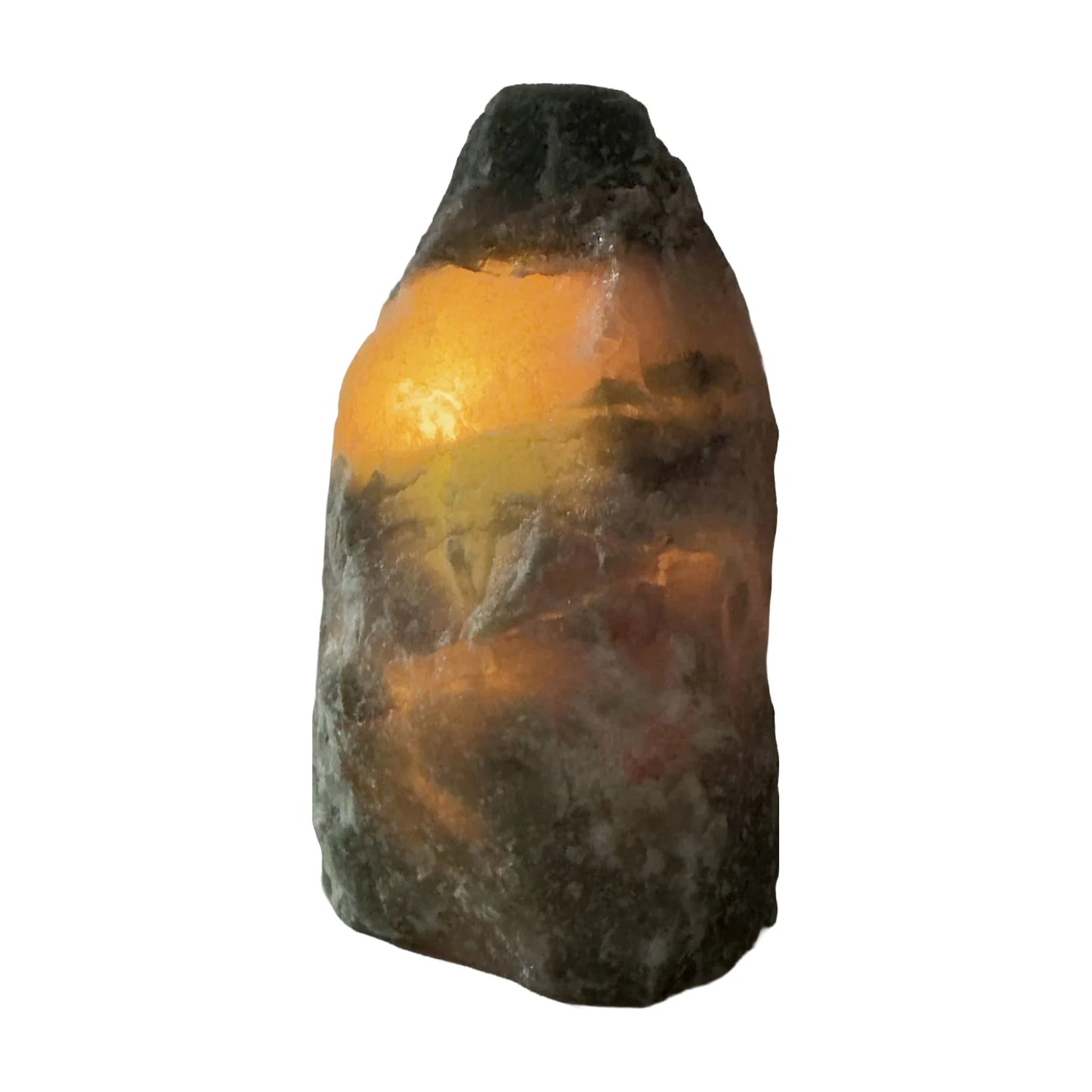 Green aventurine crystal lamp lit, detail of internal color and glow