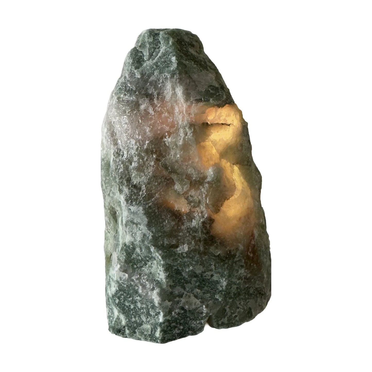 Green aventurine crystal lamp lit, warm glow through the green stone