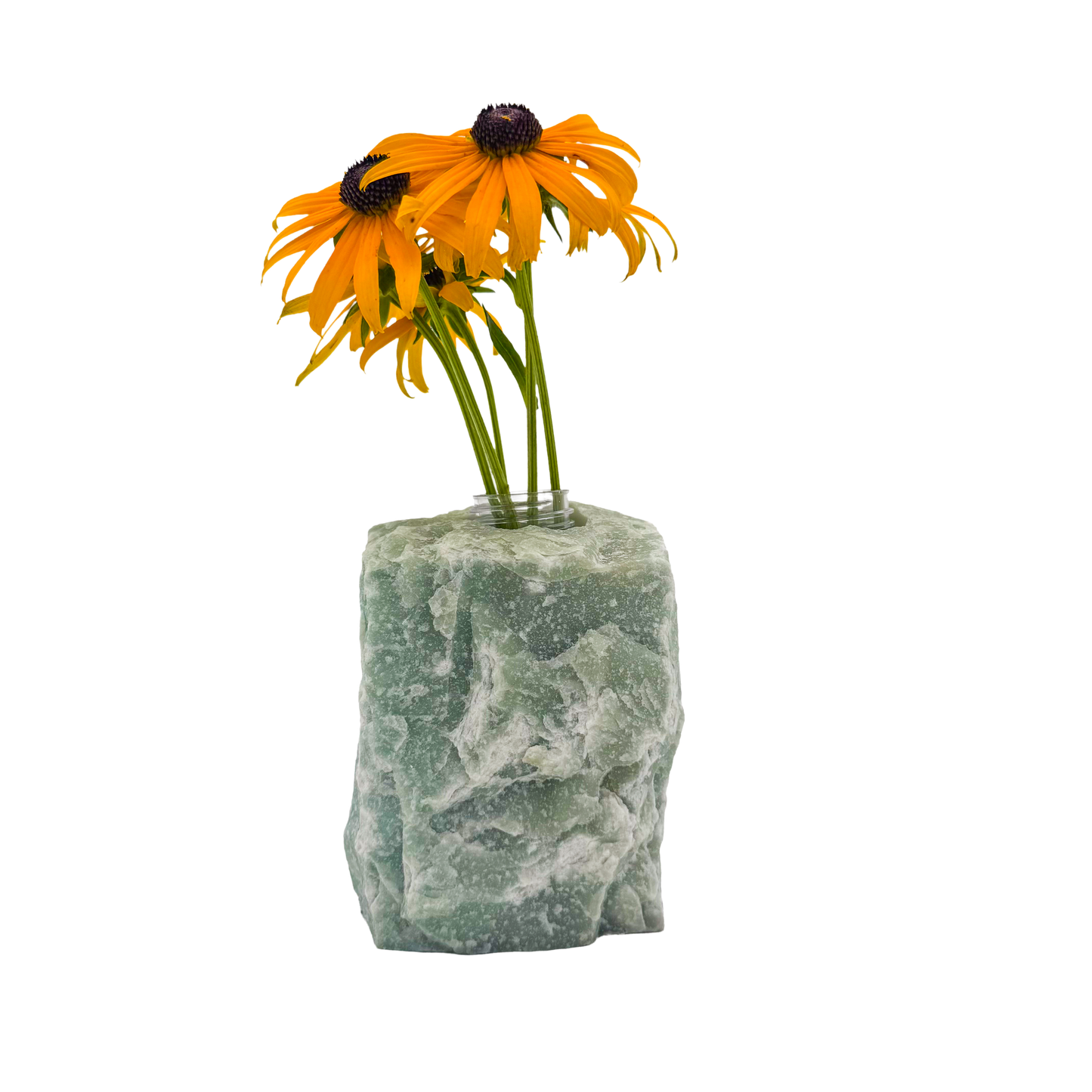 Green aventurine crystal vase in sage green stone with mica shimmer, A grade, Minas Gerais Brazil, view 3