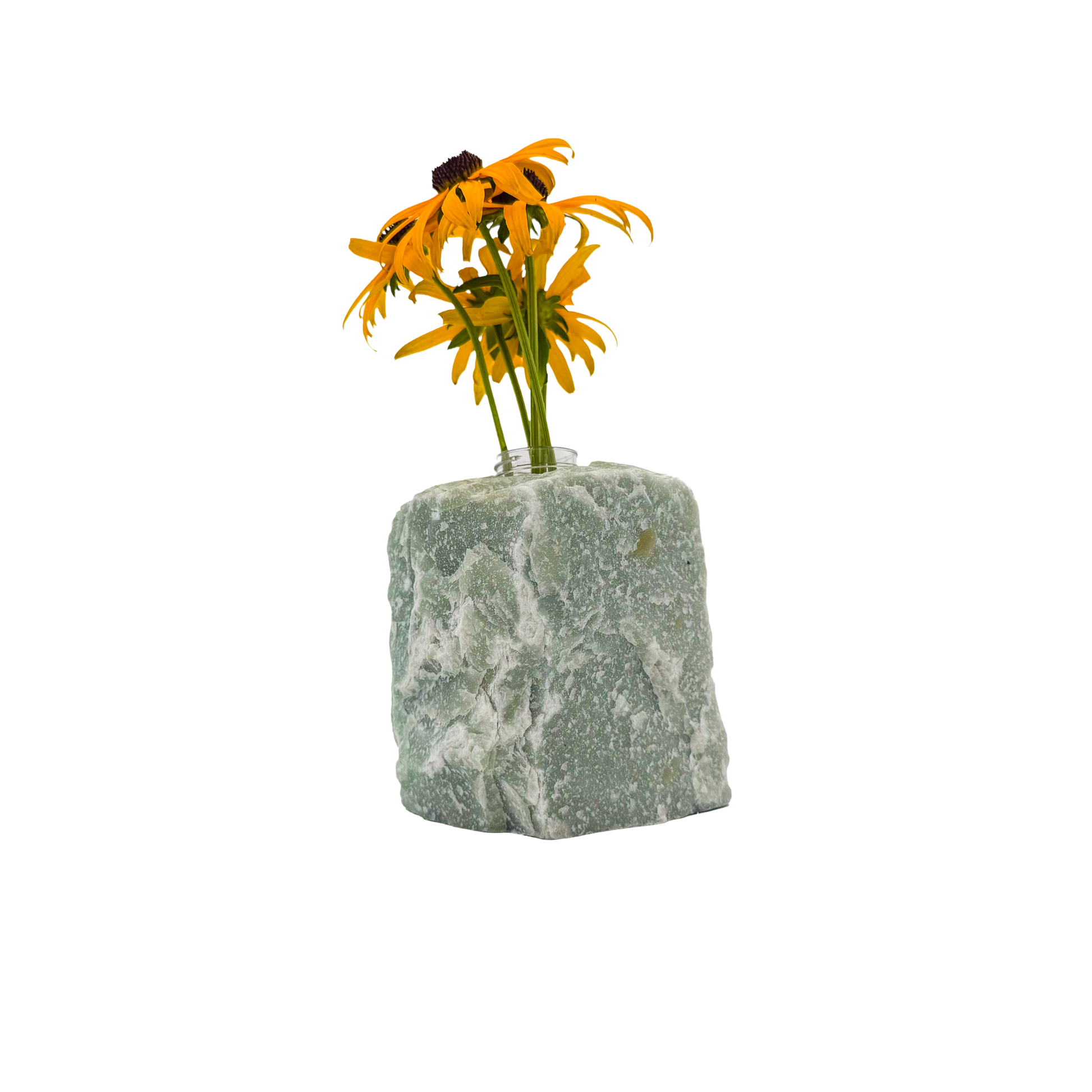 Green aventurine crystal vase in sage green stone with mica shimmer, A grade, Minas Gerais Brazil, view 1