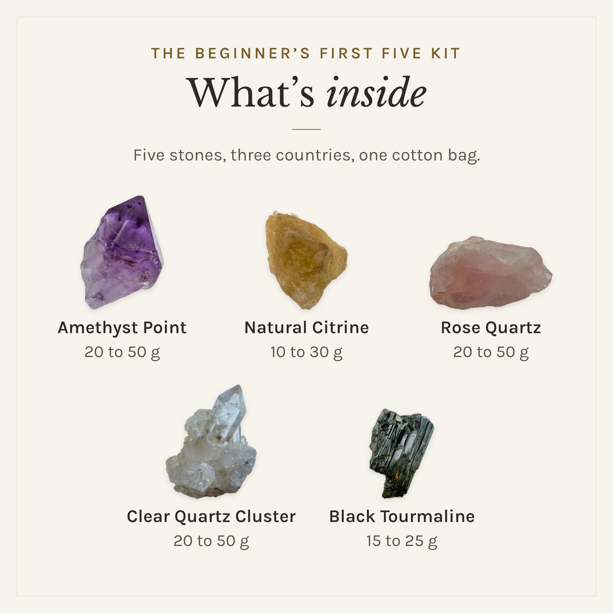 What's inside The Beginner's First Five Kit: amethyst point 20 to 50 g, natural citrine 10 to 30 g, rose quartz 20 to 50 g, clear quartz cluster 20 to 50 g, black tourmaline 15 to 25 g, drawn in true proportion to each other