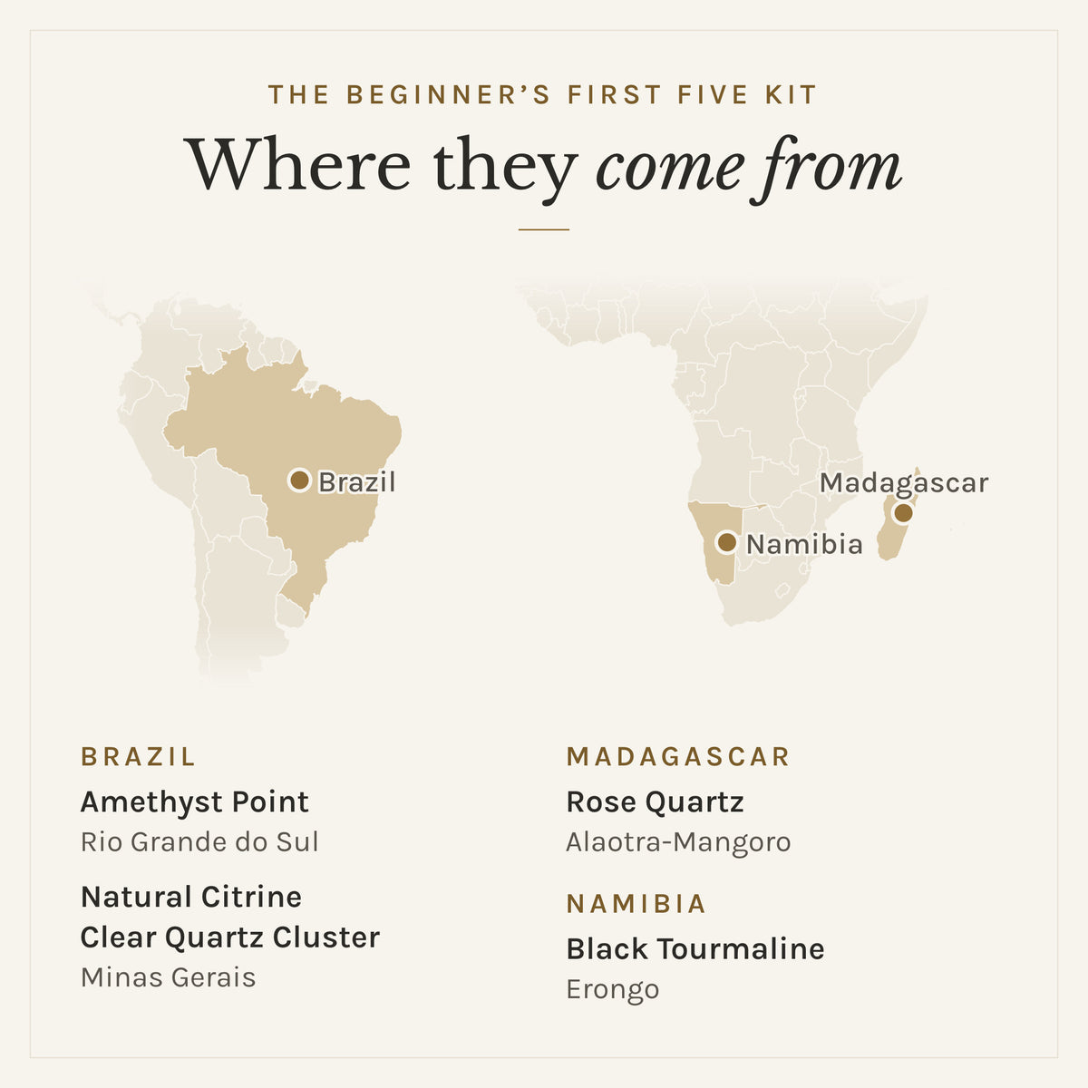 Map of where the stones in The Beginner's First Five Kit come from: Brazil (amethyst point, natural citrine and clear quartz cluster), Madagascar (rose quartz) and Namibia (black tourmaline)