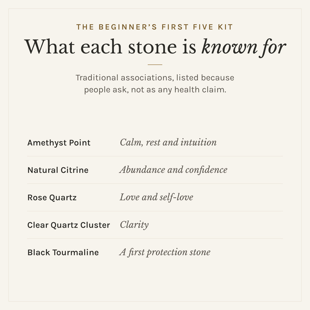 What each stone in The Beginner's First Five Kit is traditionally known for: amethyst point, calm, rest and intuition; natural citrine, abundance and confidence; rose quartz, love and self-love; clear quartz cluster, clarity; black tourmaline, a first protection stone. Listed as traditional associations, not health claims