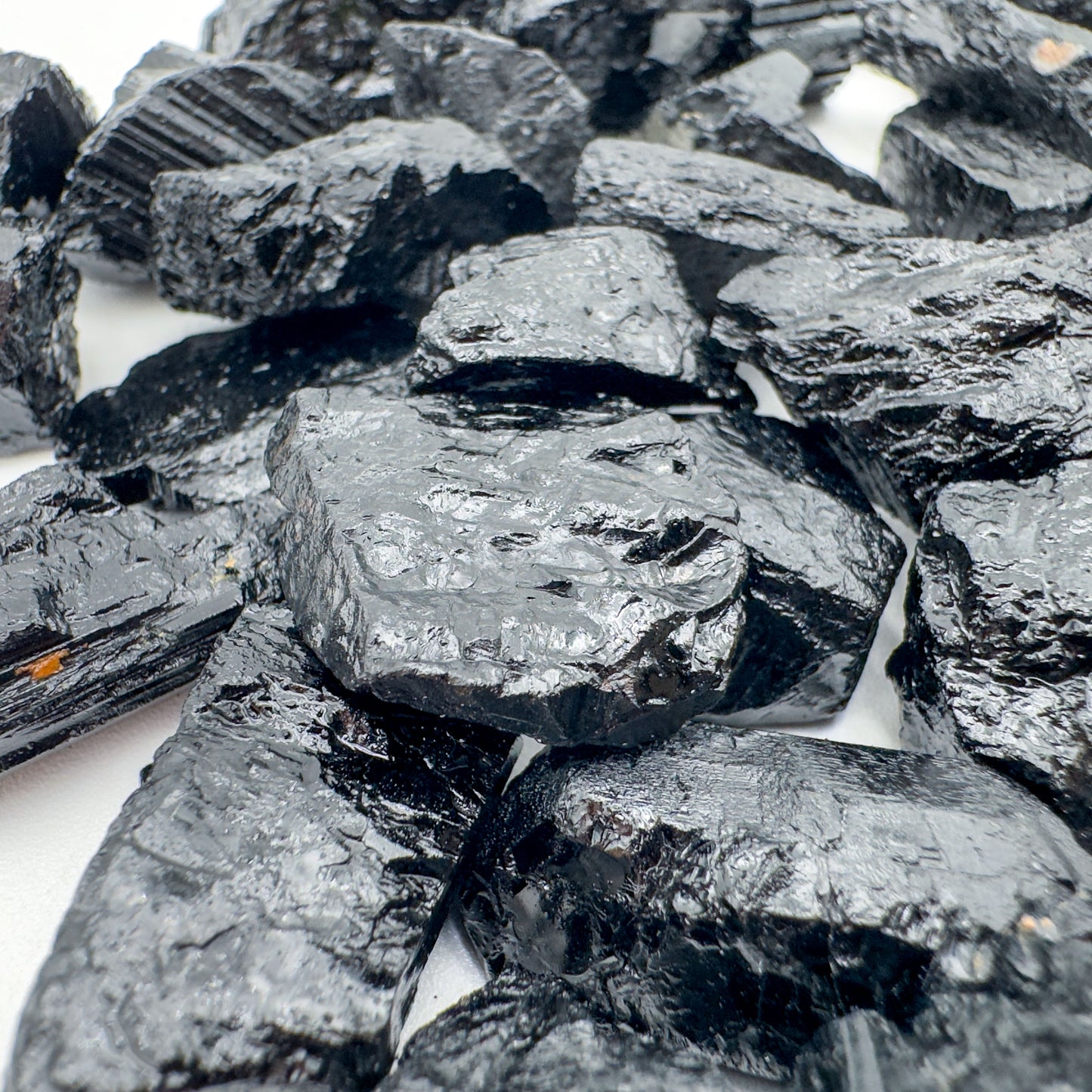 Black Tourmaline raw crystals Brazil A grade detail