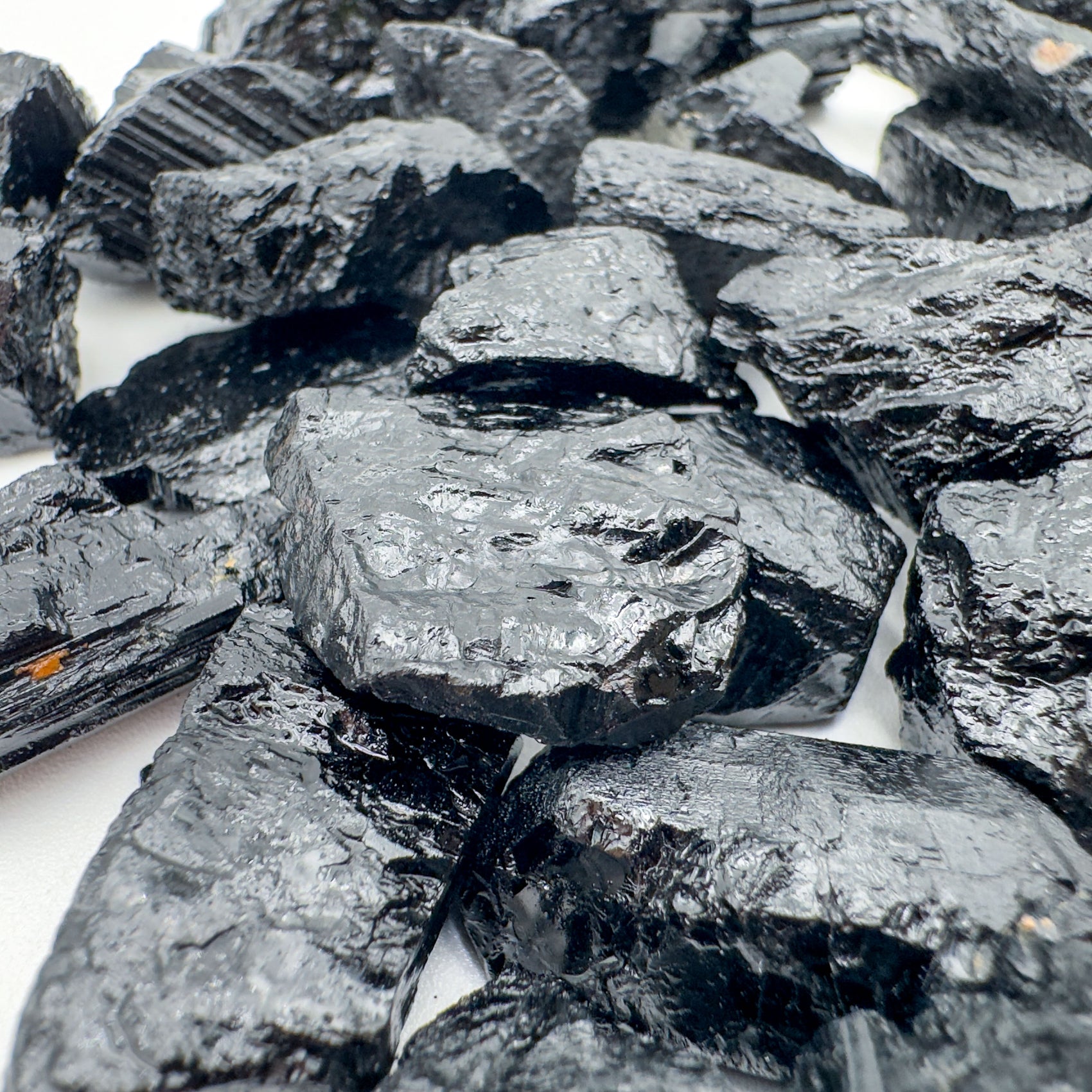 Black Tourmaline raw crystals Brazil A grade detail