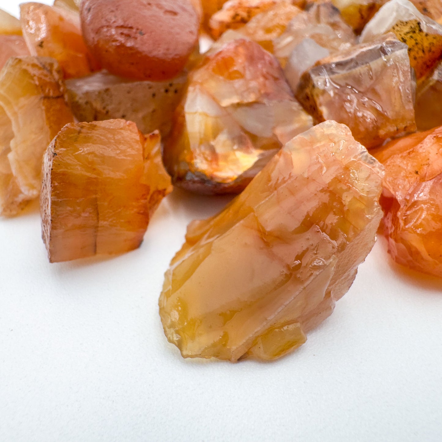 Sideways view of Carnelian raw stone, sourced from Brazil.