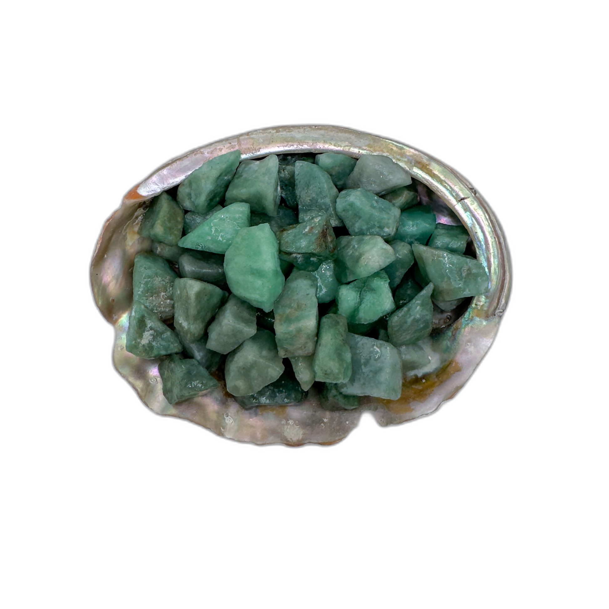 Green Aventurine raw stones 5-10 grams Minas Gerais Brazil bulk AA grade in abalone shell