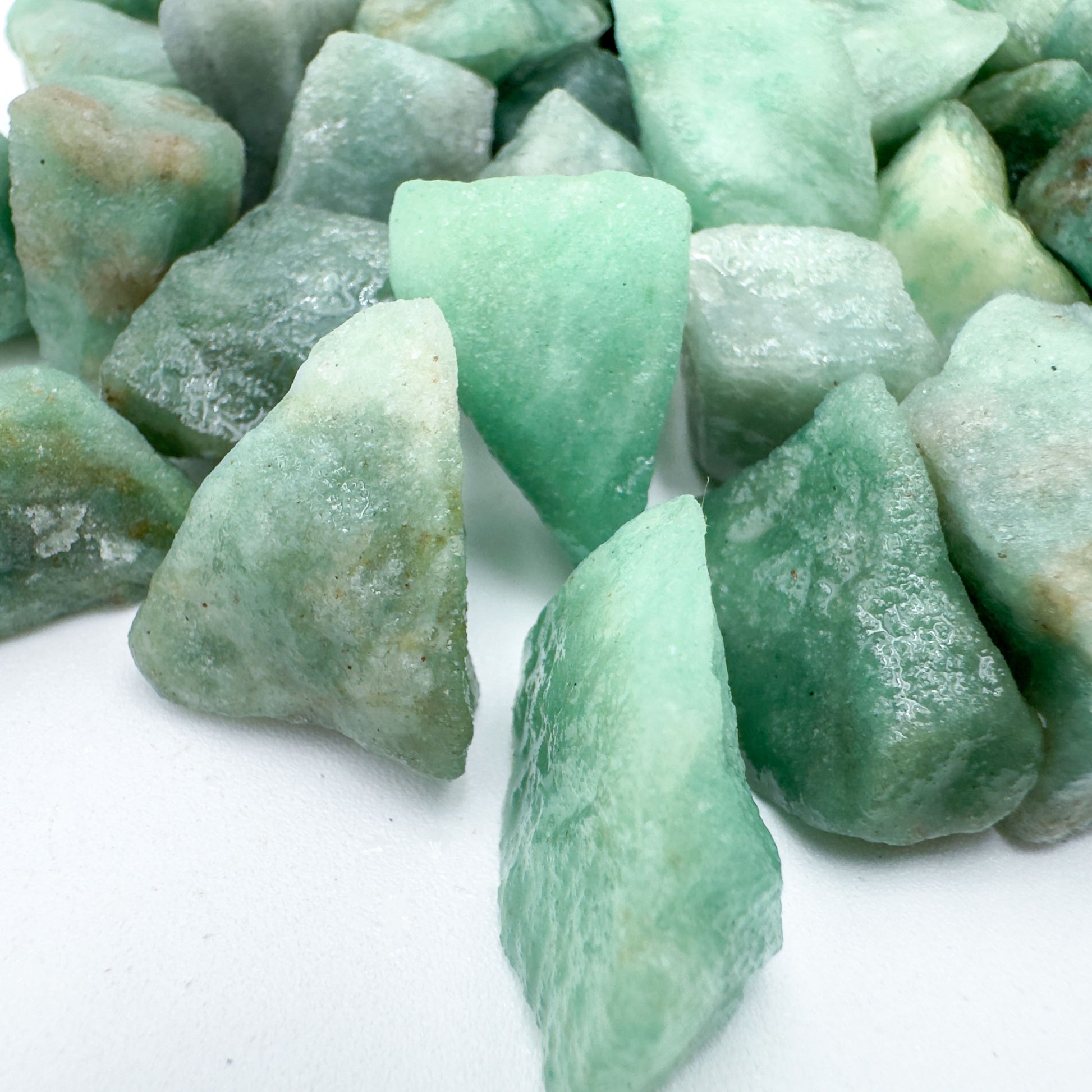 Detail of Green Aventurine raw stone, showing subtle veining, hand-selected from Minas Gerais, Brazil.