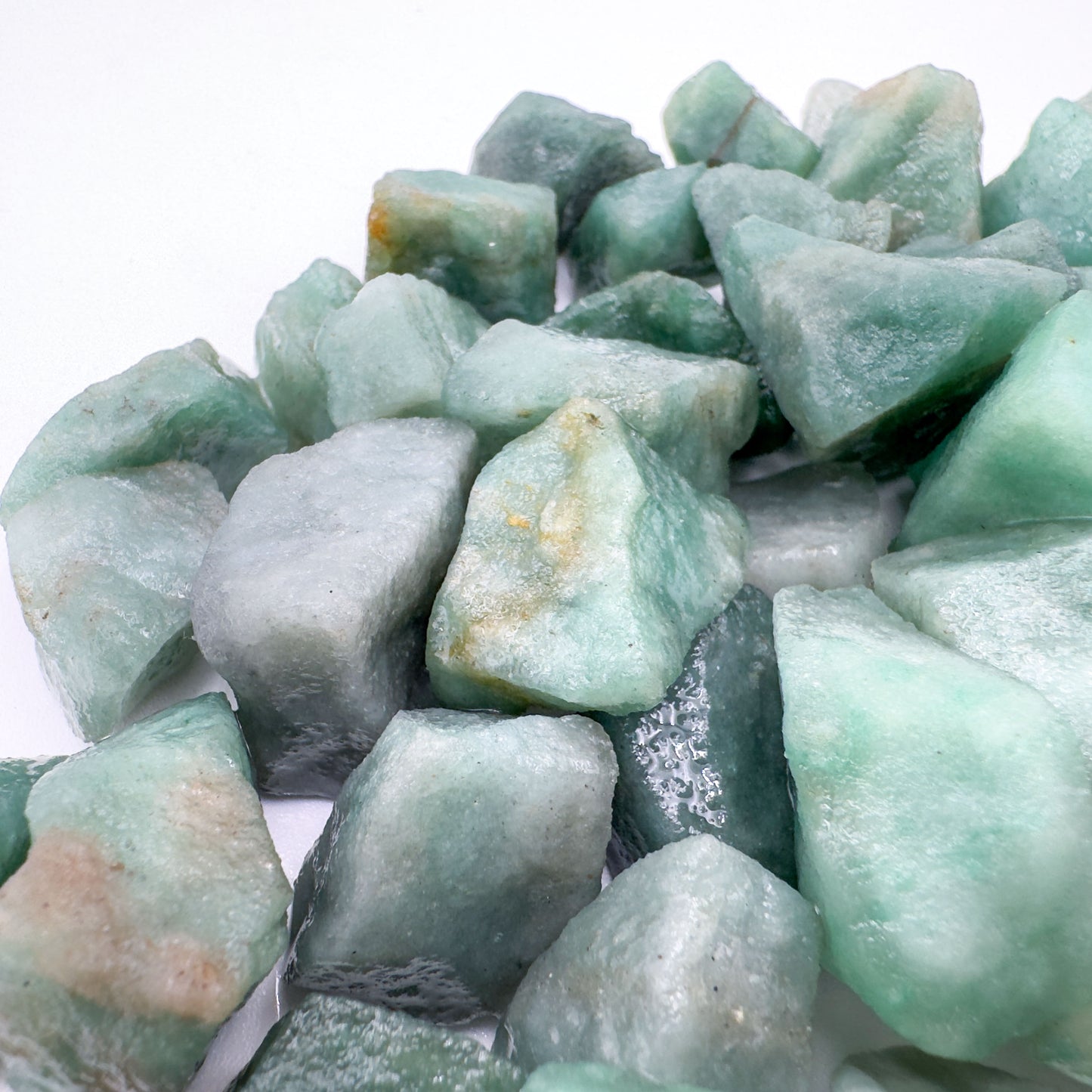 Profile shot of Green Aventurine raw stone, sourced from Minas Gerais, Brazil.