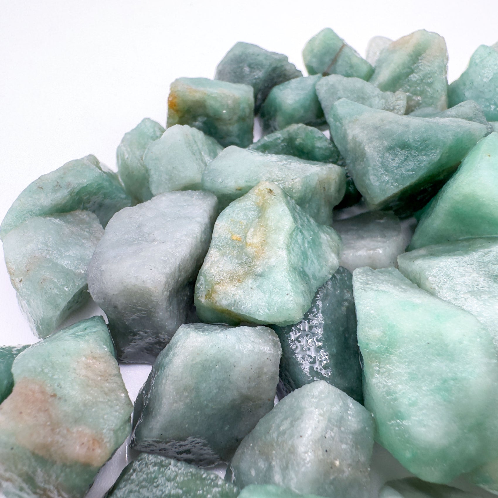 Profile shot of Green Aventurine raw stone, sourced from Minas Gerais, Brazil.