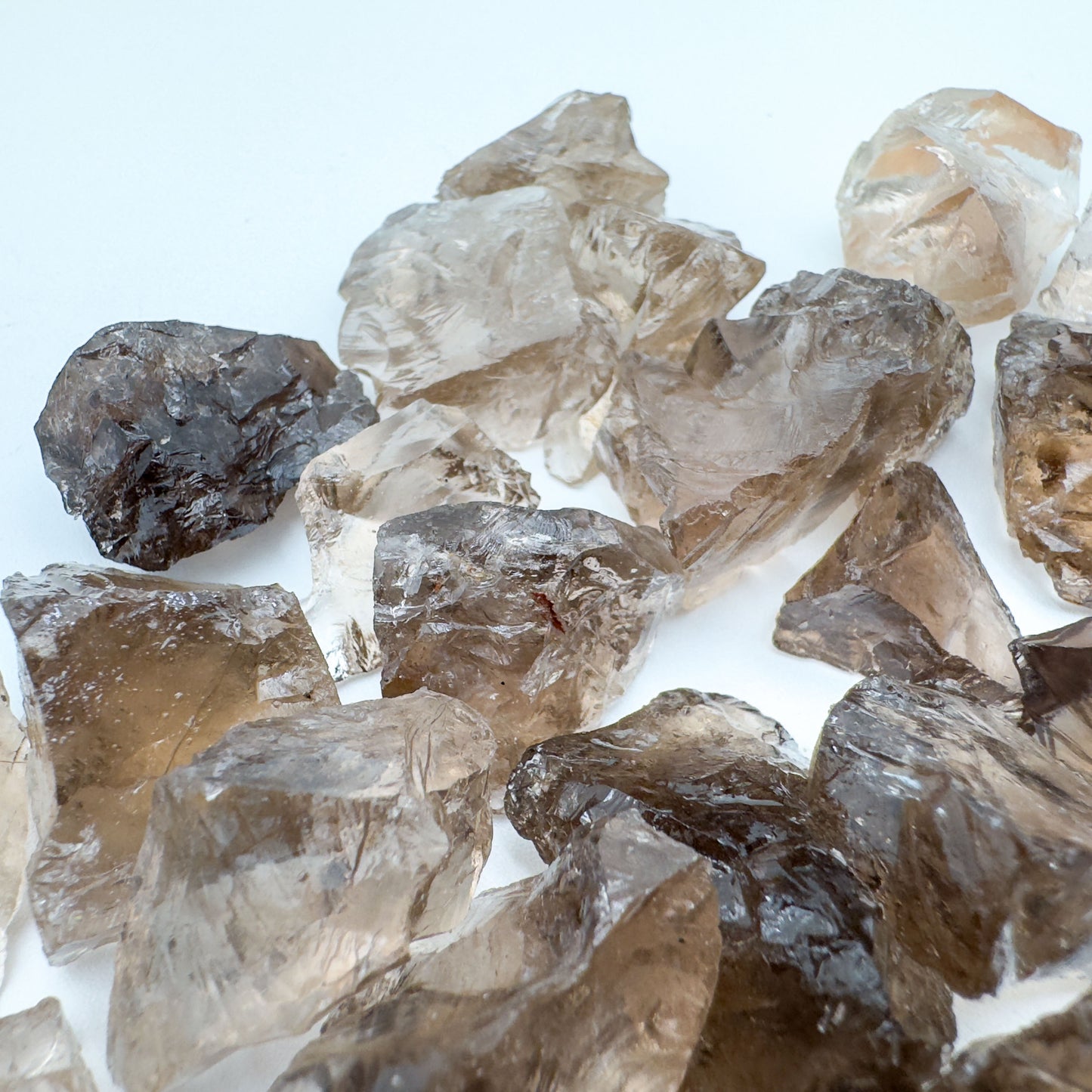 Held against neutral backdrop is a Smoky Quartz raw crystal, from Minas Gerais, Brazil, with subtle natural color showing through.