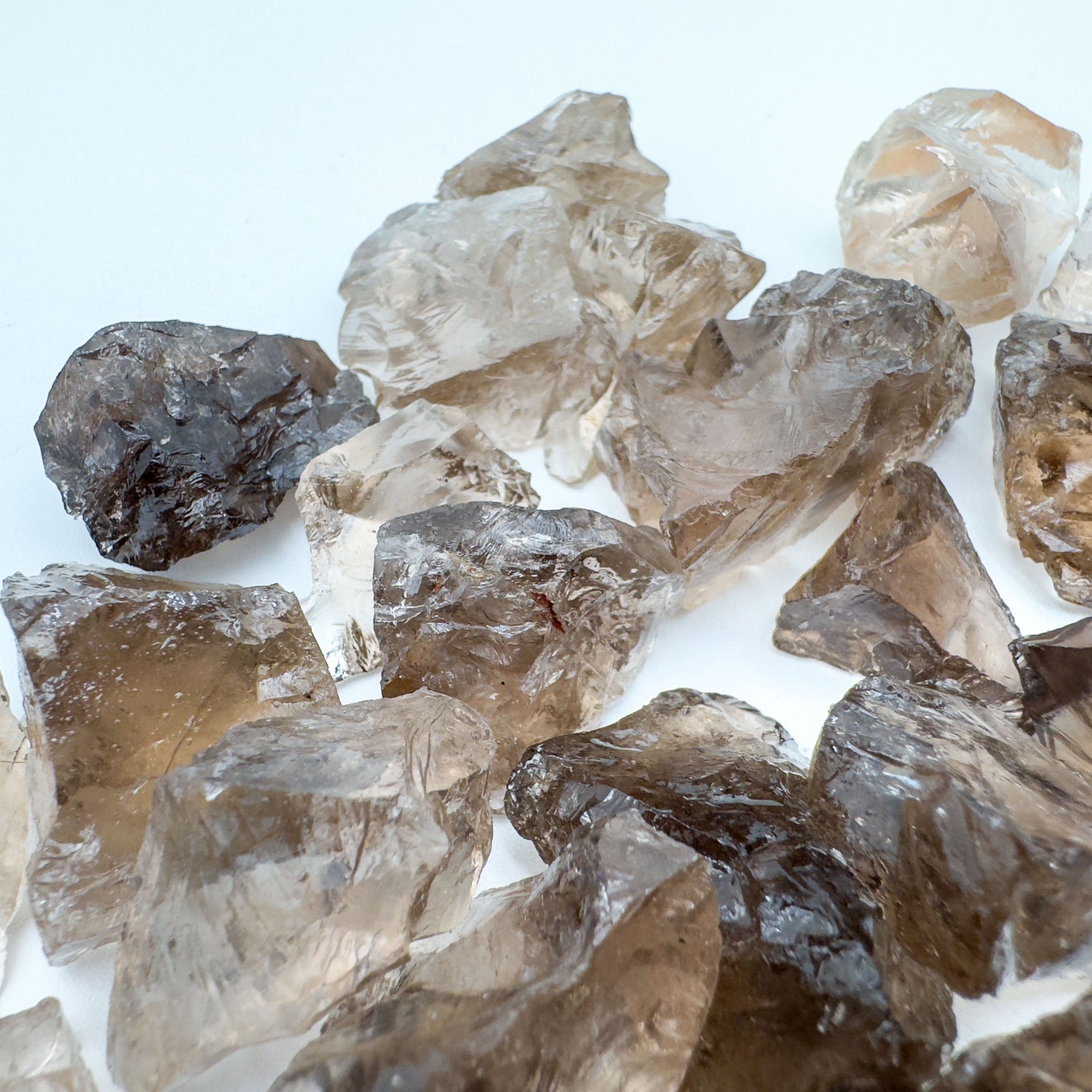 Held against neutral backdrop is a Smoky Quartz raw crystal, from Minas Gerais, Brazil, with subtle natural color showing through.