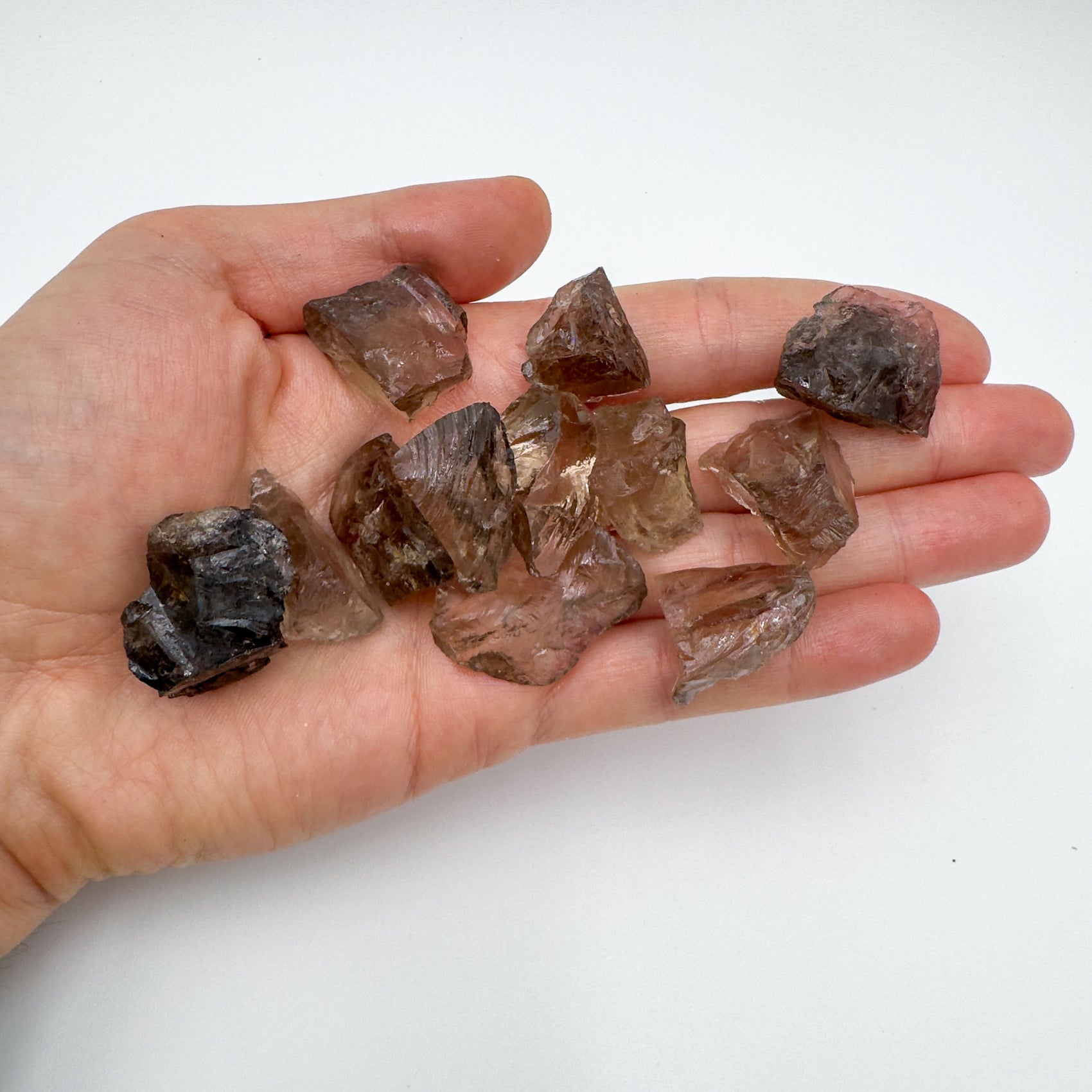 Hand holding small smoky quartz raw crystals 5-10 grams Brazil scale reference