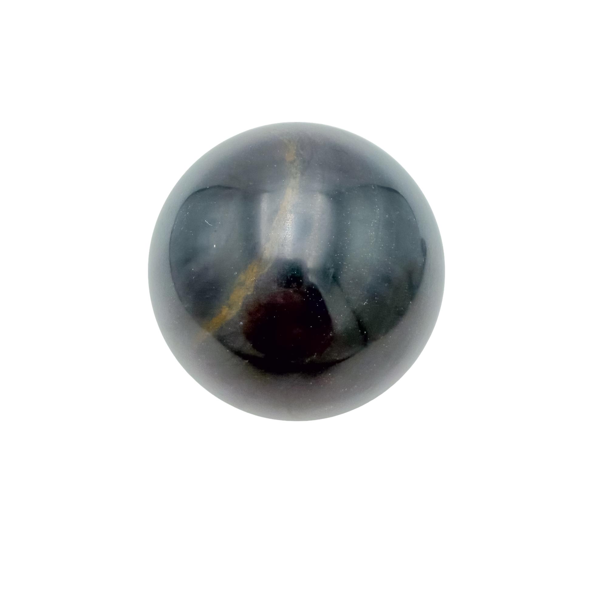 Polished black jade orb seen at the angled three-quarter view, 554 g, Mohs 6-6.5, one of a kind.