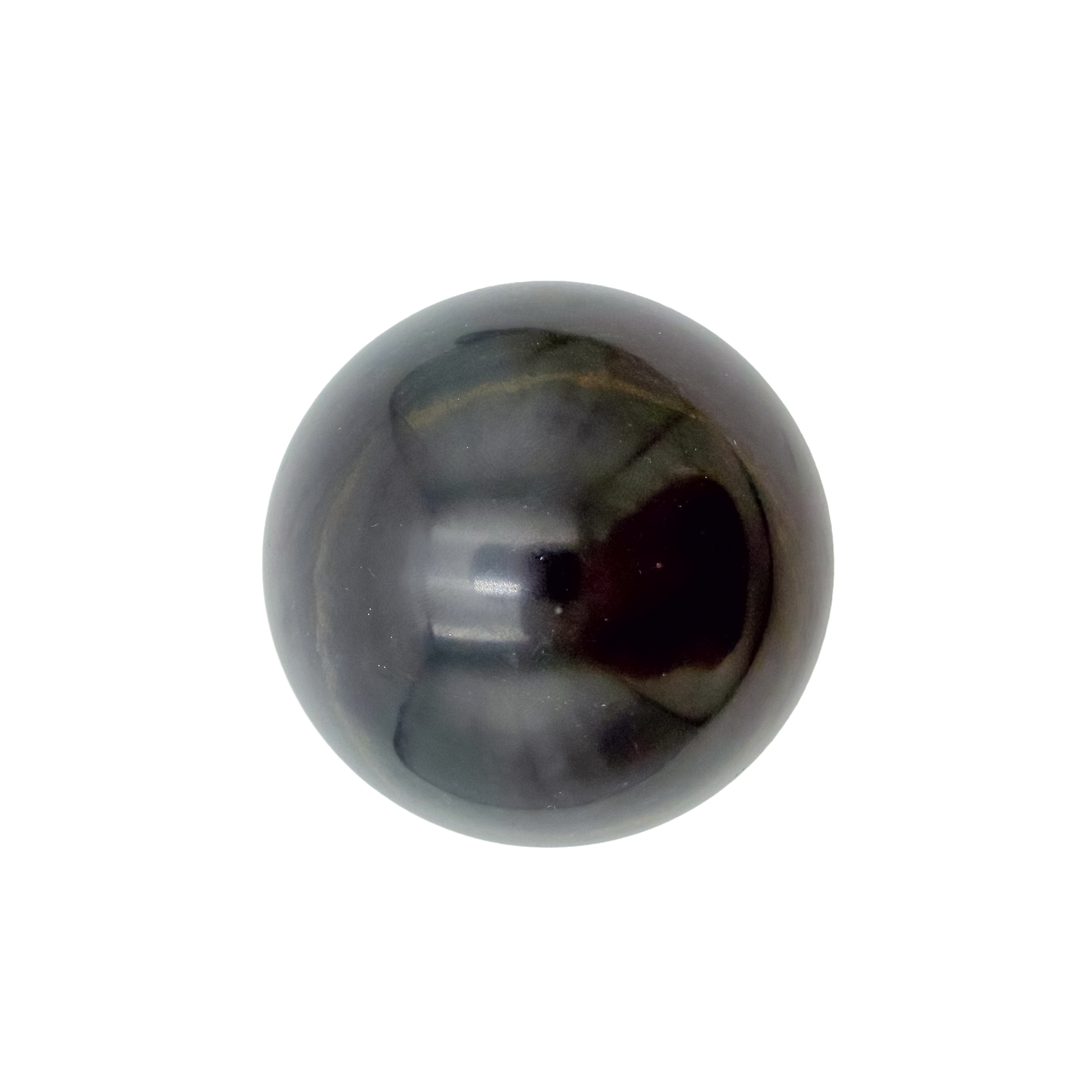 Polished black jade orb seen at the angled three-quarter view, 530 g, Mohs 6-6.5, one of a kind.