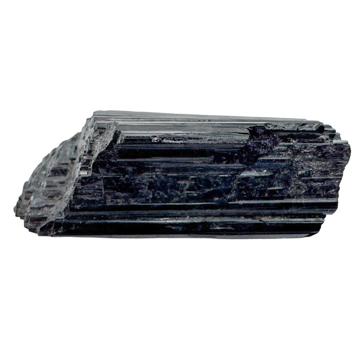 Black Tourmaline Raw Crystals, AA Grade, Brazil: one striated black crystal on a white background