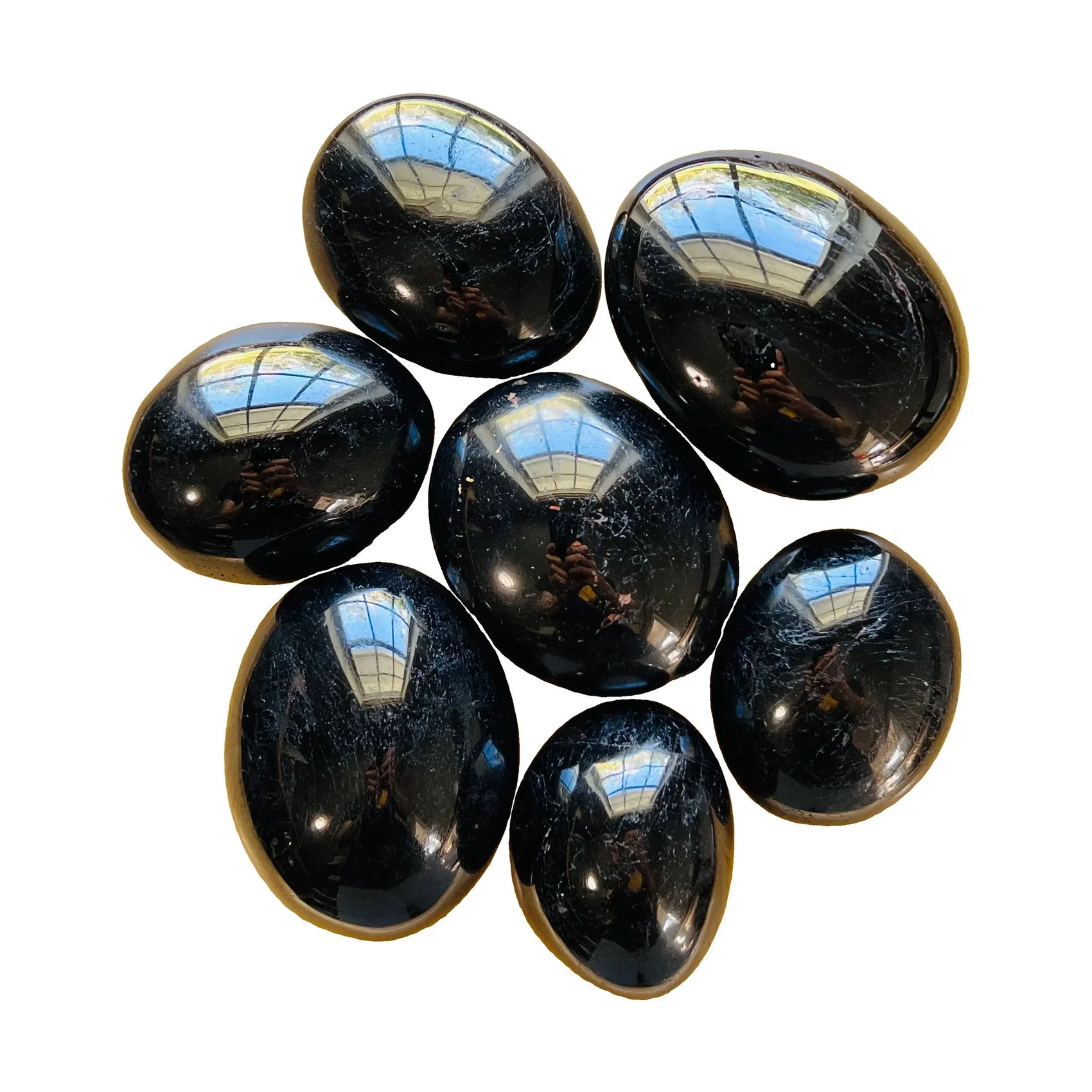 Black Tourmaline Palm Stones to support Anxiety Relief, Calm & Cleansing — black smooth polished, hand-selected AA from Madagascar