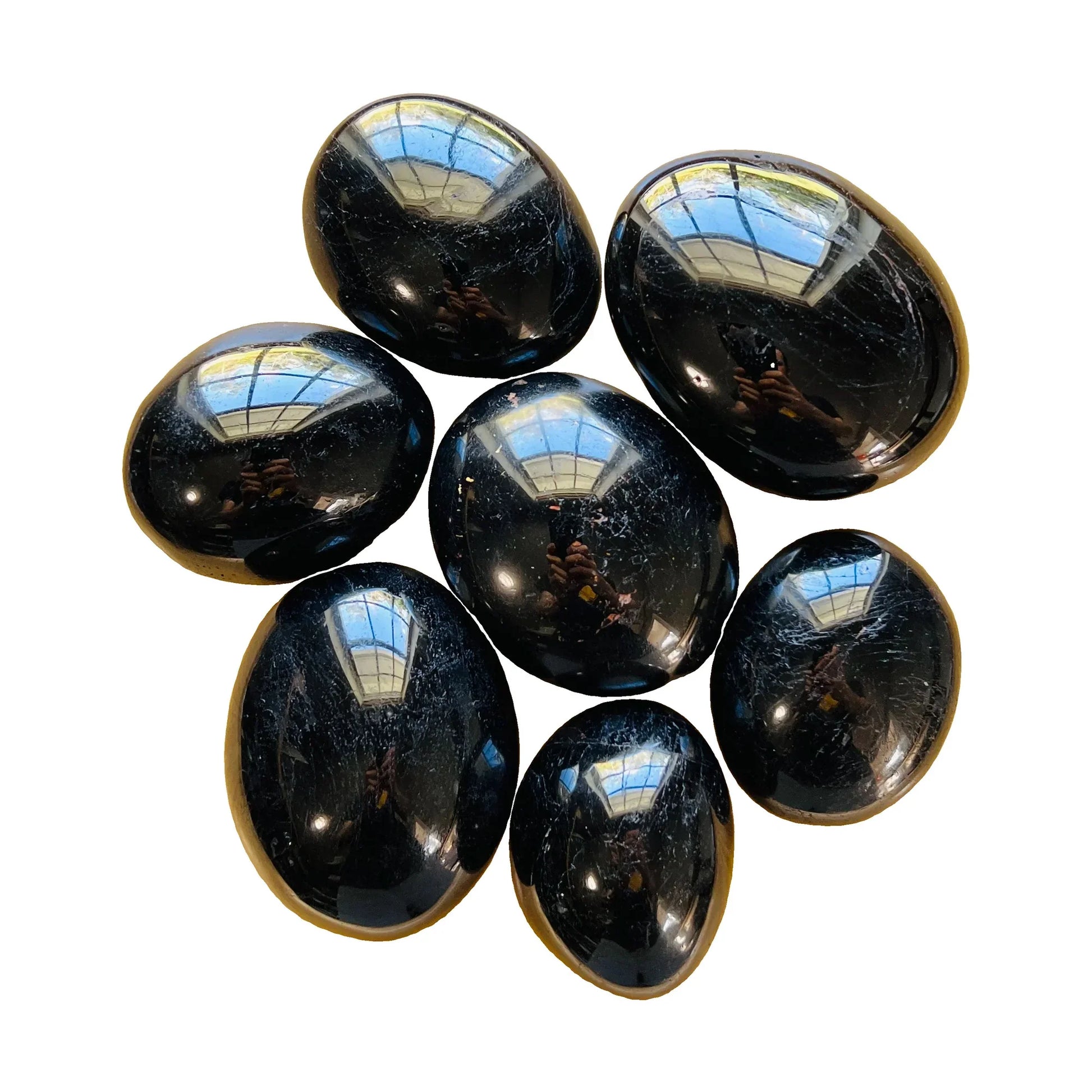 Black Tourmaline Palm Stones to support Anxiety Relief, Calm & Cleansing — black smooth polished, hand-selected AA from Madagascar
