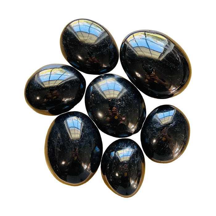 Black Tourmaline Palm Stones to support Anxiety Relief, Calm & Cleansing — black smooth polished, hand-selected AA from Madagascar