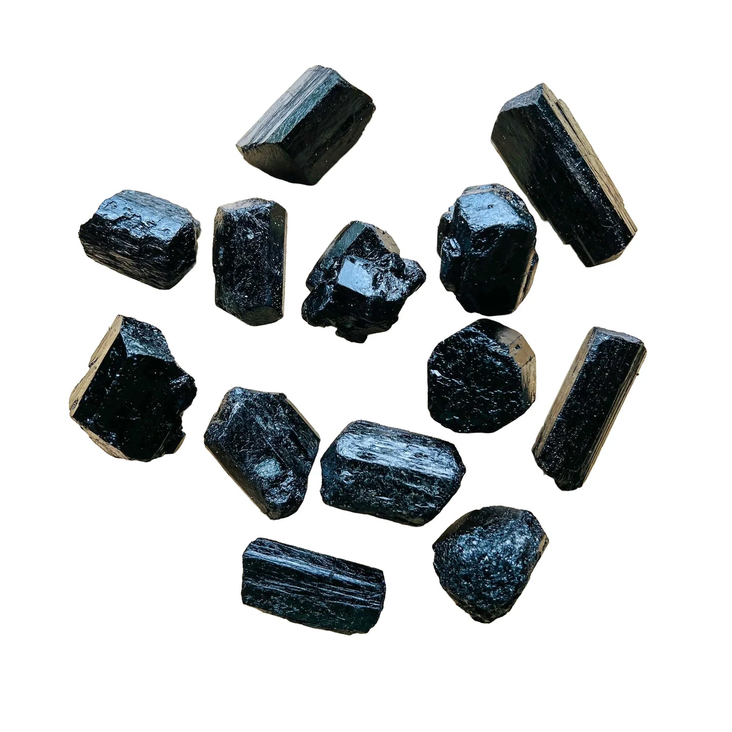 Black tourmaline raw crystals, AA grade, Madagascar origin, 1-2 inch, hero view.