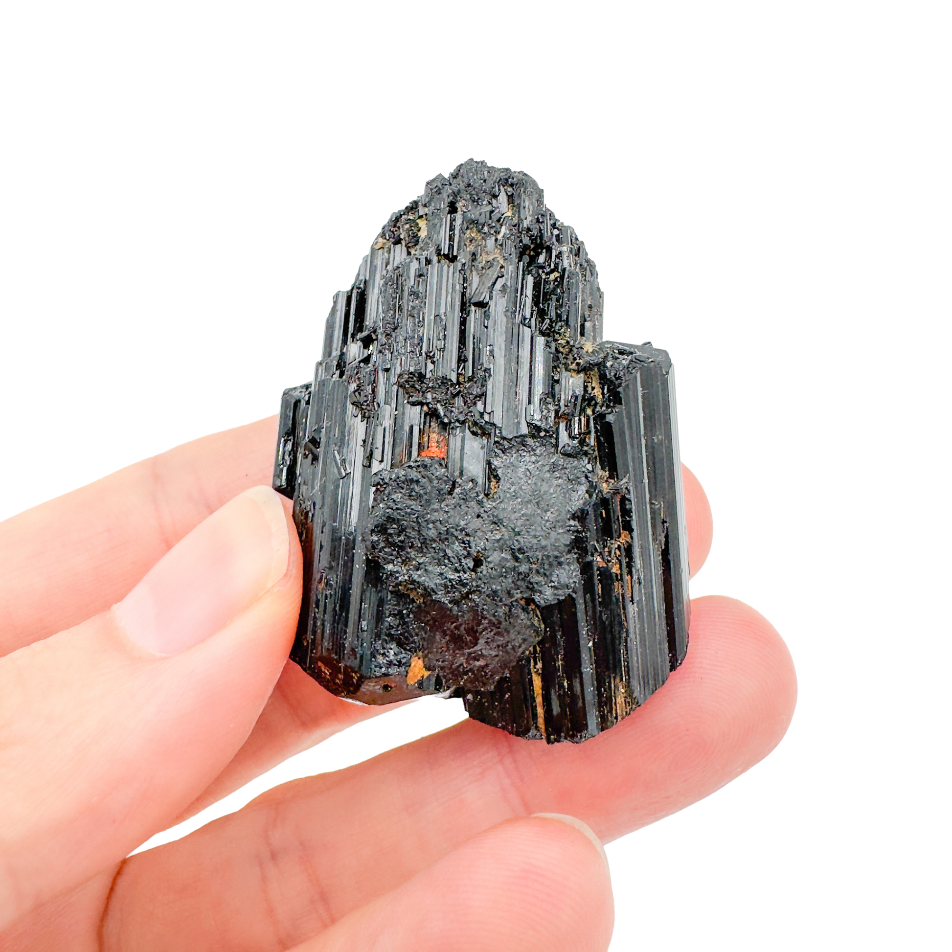 Raw black tourmaline specimen from Madagascar held in hand to show scale
