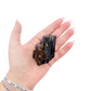 Raw black tourmaline specimen from Madagascar held in hand to show scale