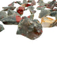 Close-up of raw Bloodstone stones showing green heliotrope with red flecks