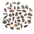 Green and red Bloodstone raw stones, AA grade from Eswatini, scattered on white