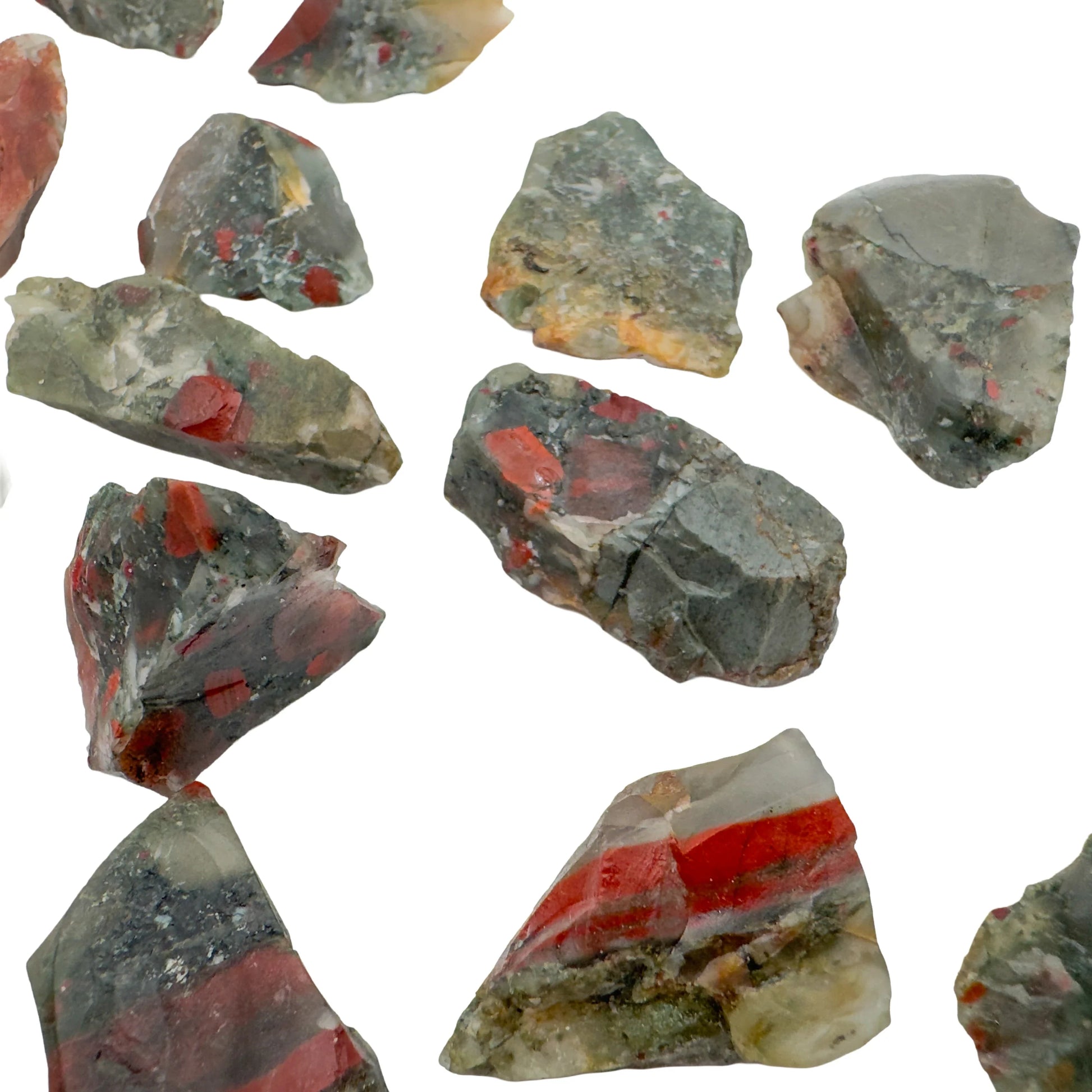 Natural raw Bloodstone stones showing green and red coloring, Eswatini