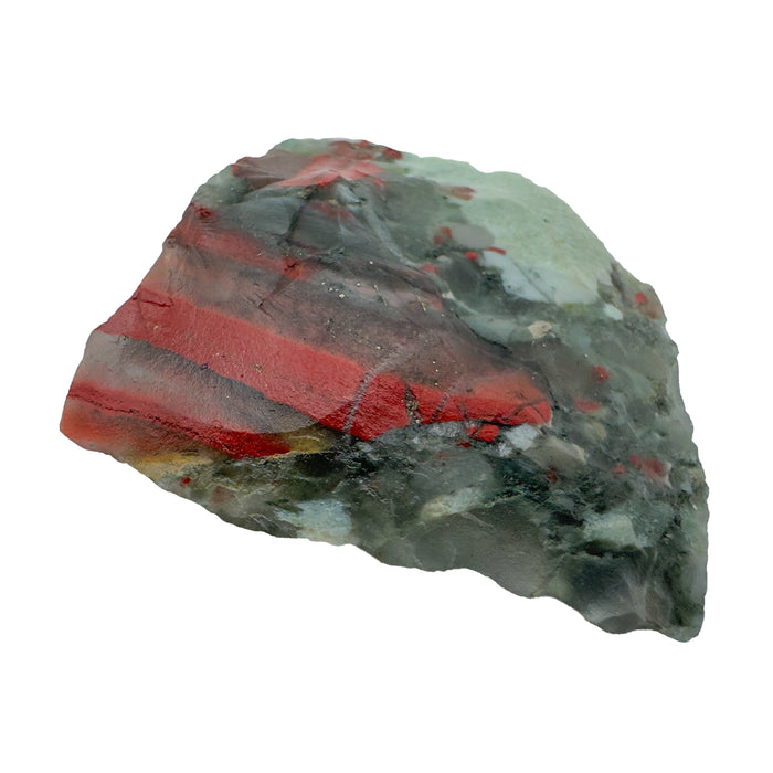 Bloodstone Raw Stones, AA Grade, Eswatini: one raw piece on a white background, gray green with bold red bands