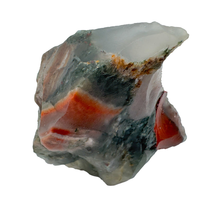 Bloodstone Raw Stones, AA Grade, Eswatini: one raw piece on a white background, dark green and gray with red patches and a clear, glassy edge
