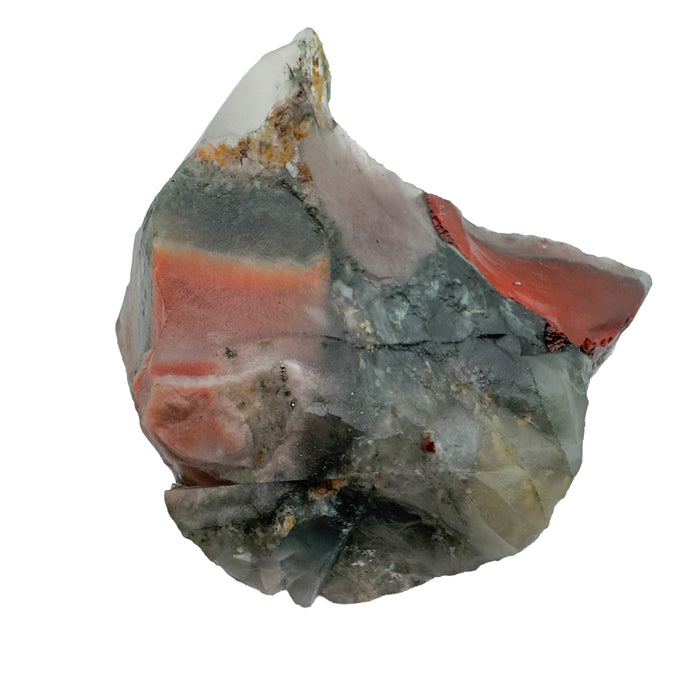 Bloodstone Raw Stones, AA Grade, Eswatini: one raw piece on a white background, gray green with red patches and a clear, glassy tip