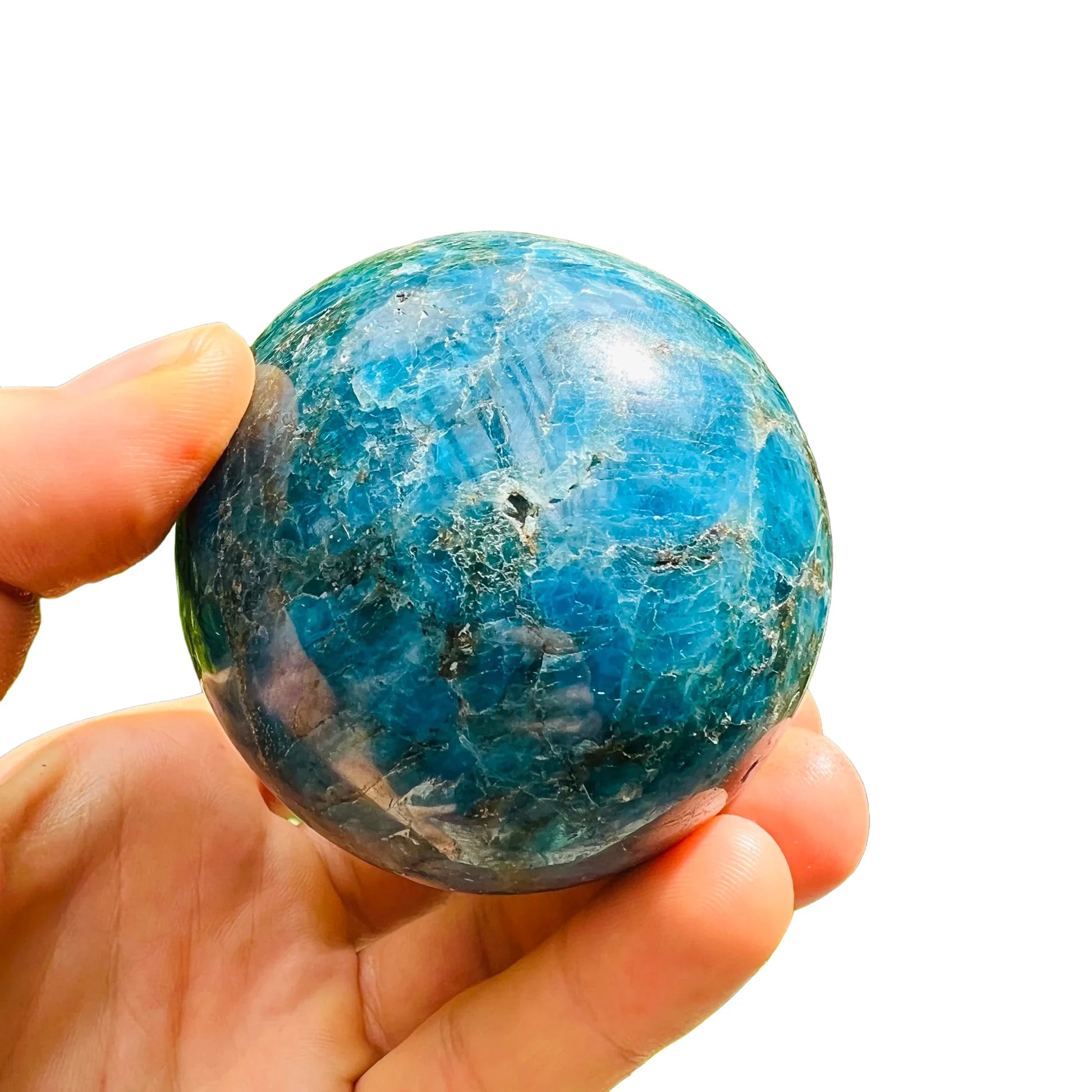 Rear view of Grade AA Apatite polished sphere, for Focus, showing glassy finish.