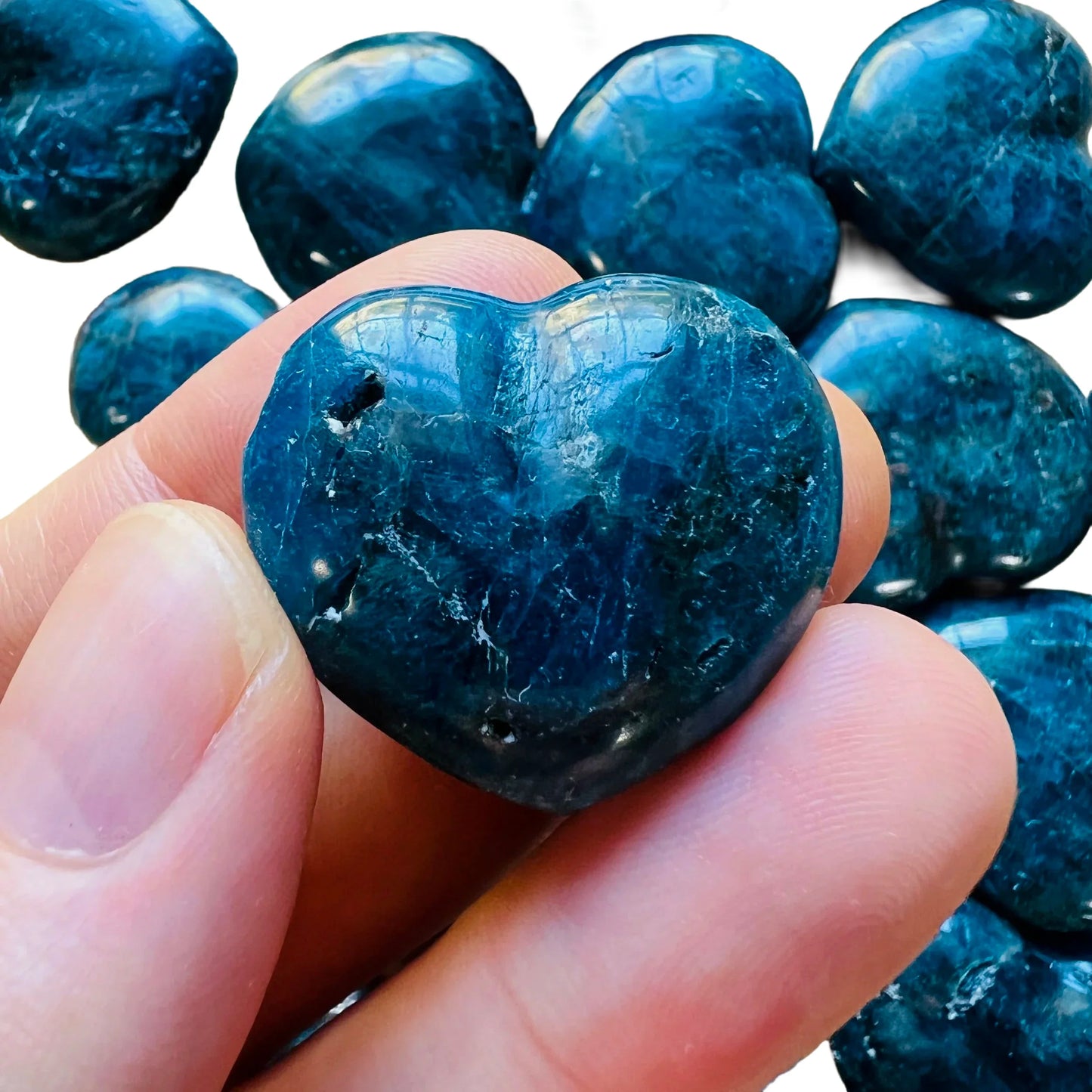 Detail shot of Grade AA Apatite heart under natural light