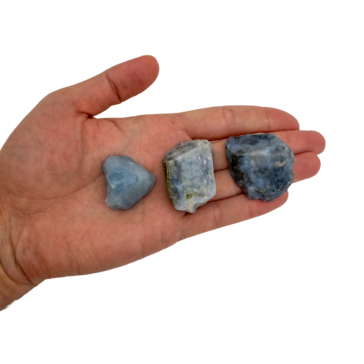 Three A Grade Blue Calcite raw stones held in hand for scale, from Madagascar