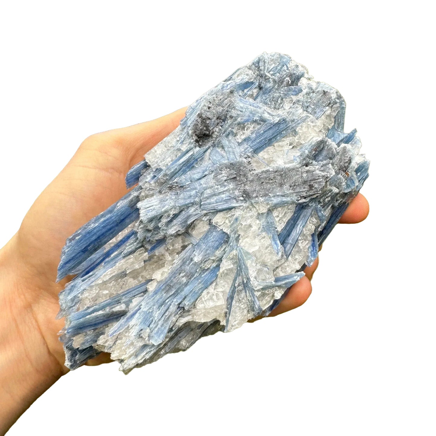 Bird's-eye view of Grade AA Blue Kyanite specimen, hand-selected from Minas Gerais, Brazil, carried for Confidence.