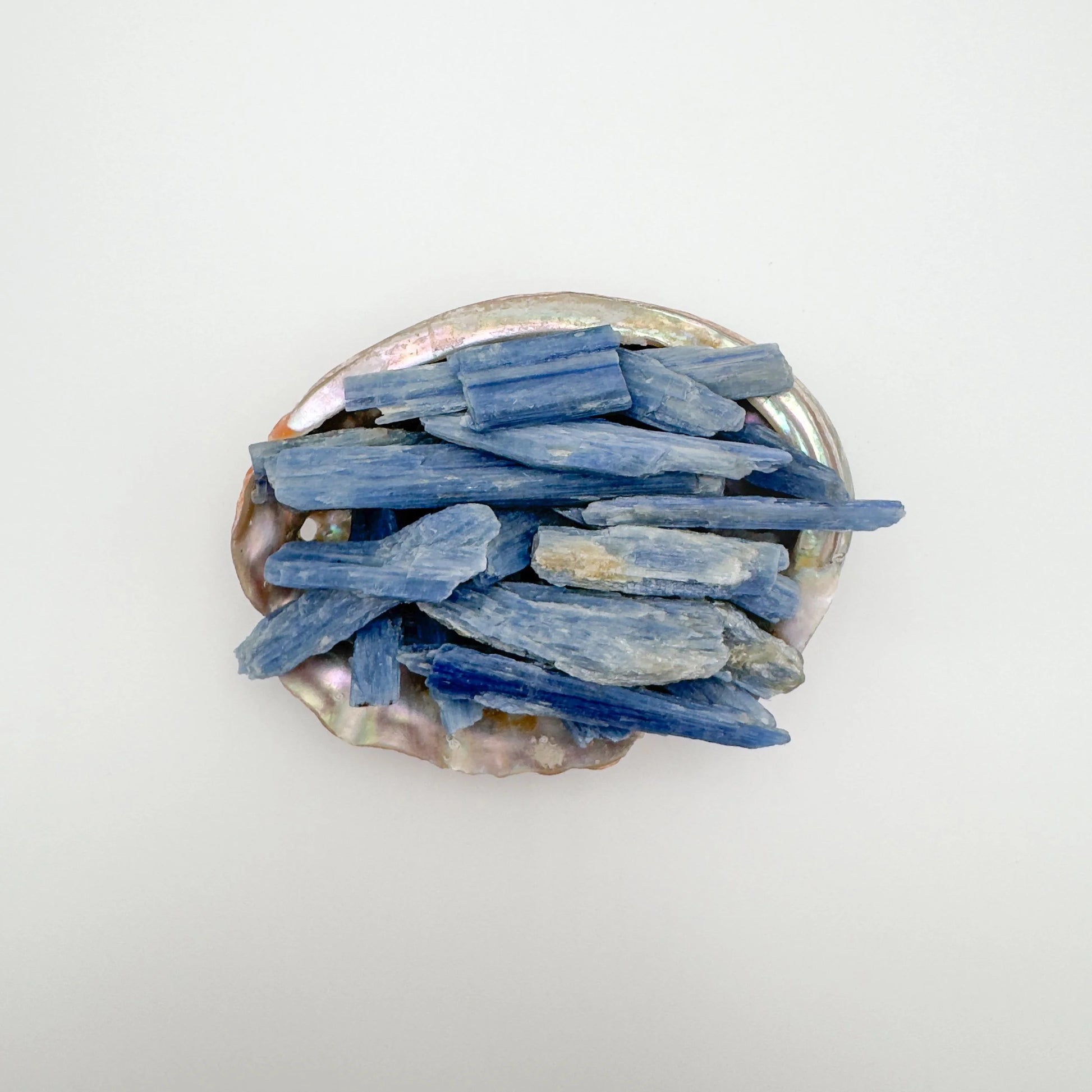 Near view of Blue Kyanite raw stone, drawn on for Confidence, from Minas Gerais, Brazil.