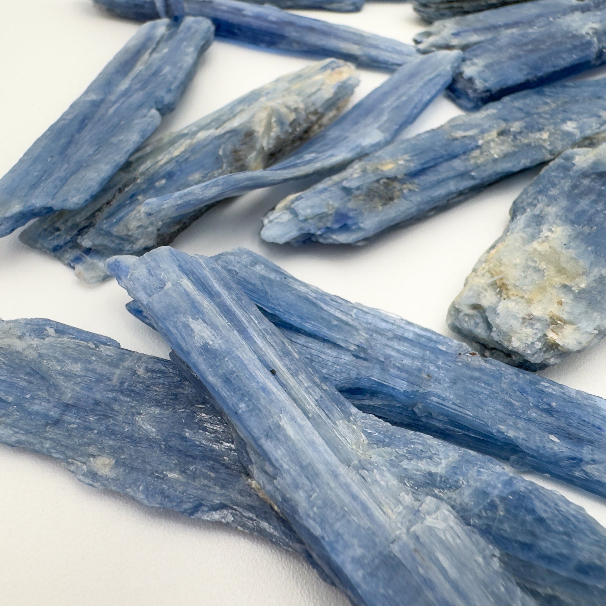 Overhead angle of Blue Kyanite raw stone, showing natural form.