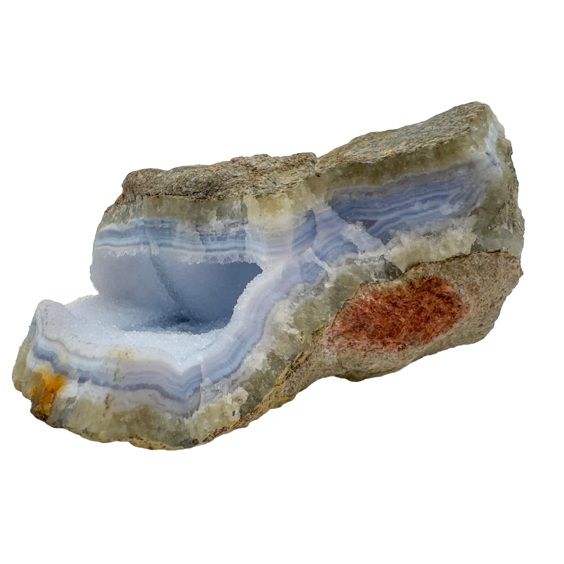 Edge-on view of Blue Lace Agate raw geode, from Malawi, worked with for Stress Relief.